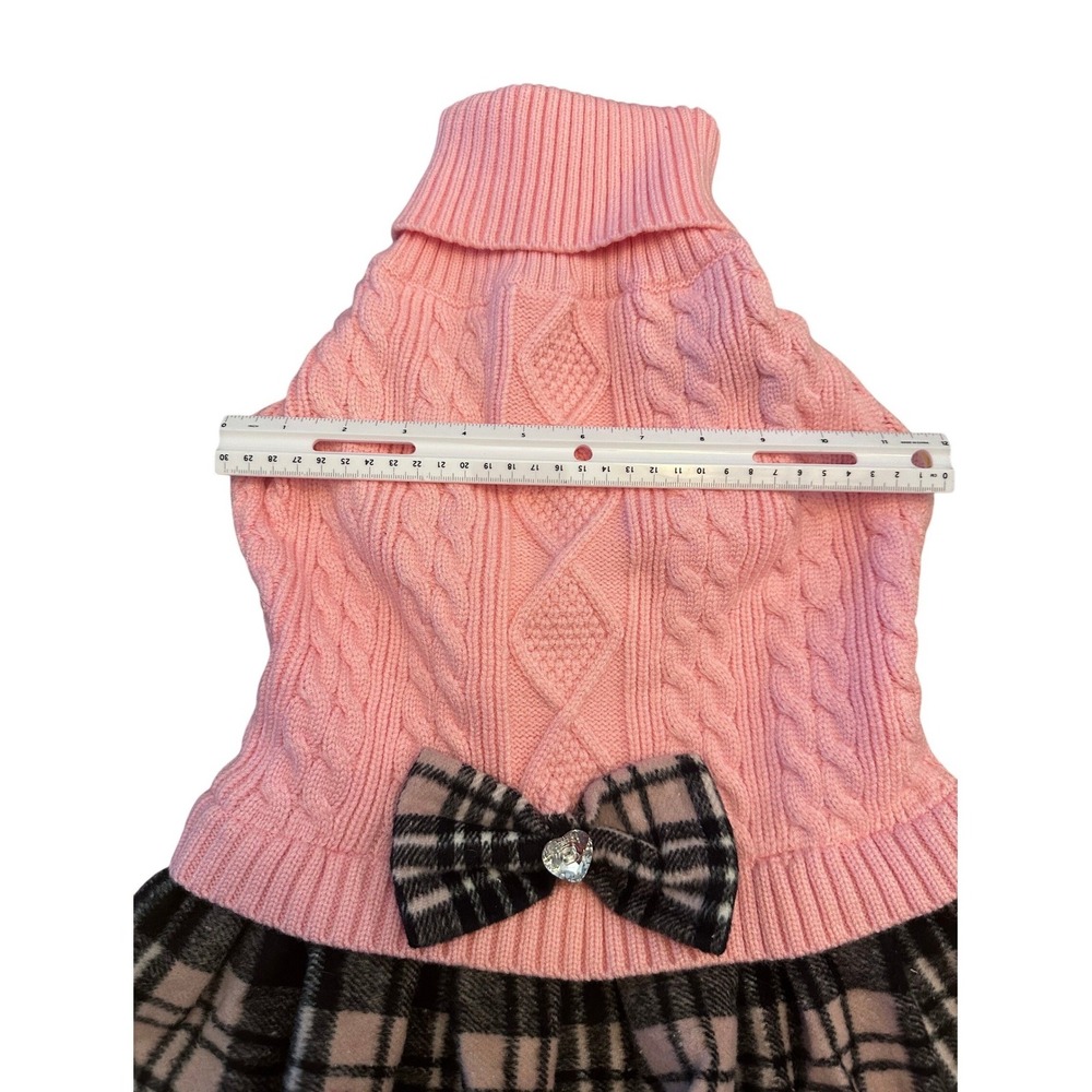 Kyeese‎ Wear Pink Cable Knit Plaid Dog Sweater Dress Rhinestone Heart Bow NWT - Picture 4 of 10